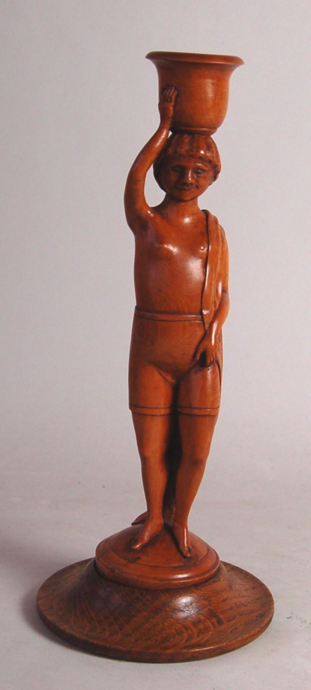 BOXWOOD FIGURAL CANDLESTICK, PROBABLY