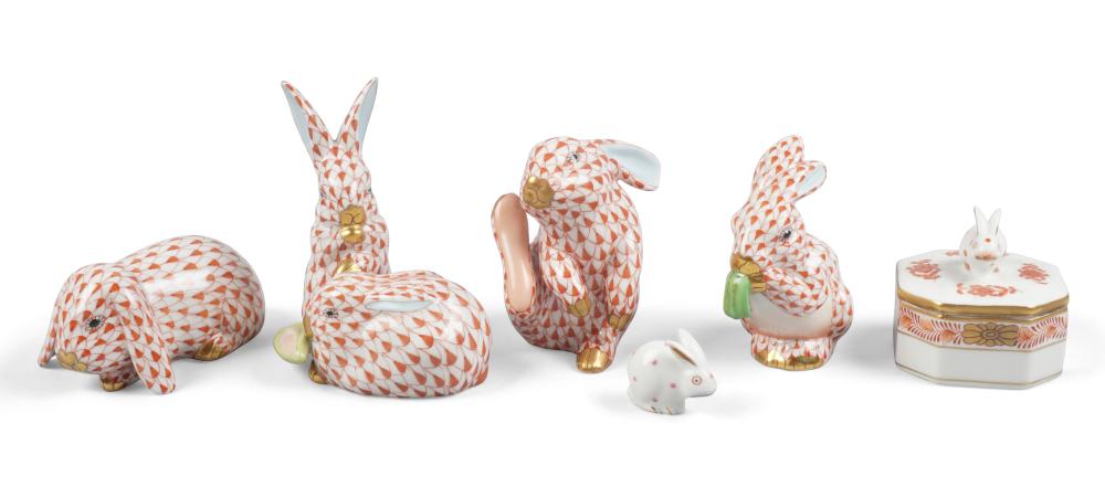 FIVE HEREND PORCELAIN RUST NETTED RABBITS