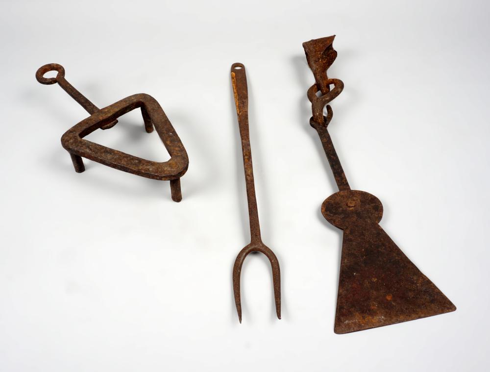 VARIOUS IRON FIREPLACE TOOLS, 19TH