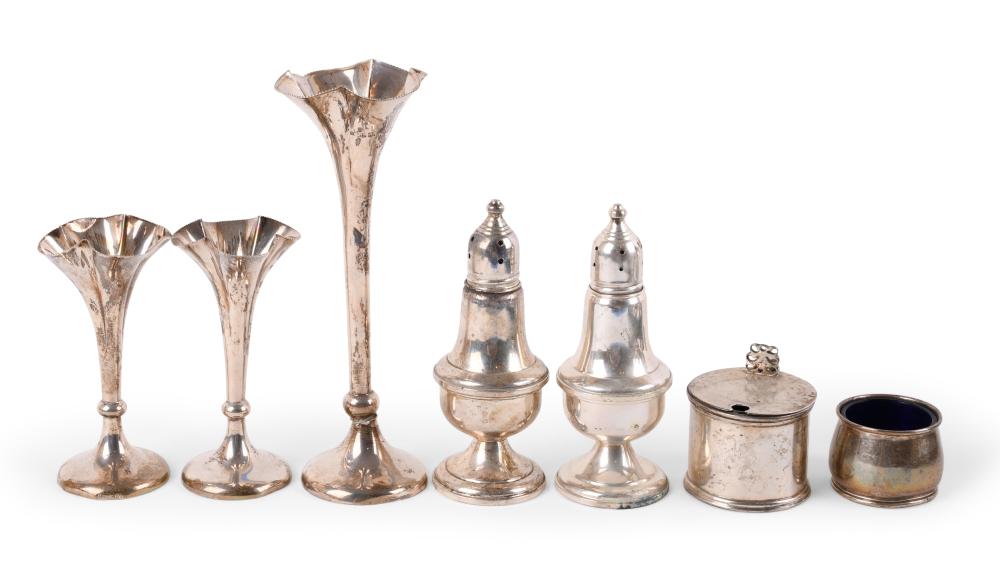 THREE SMALL SILVER TRUMPET VASES, MUSTARD