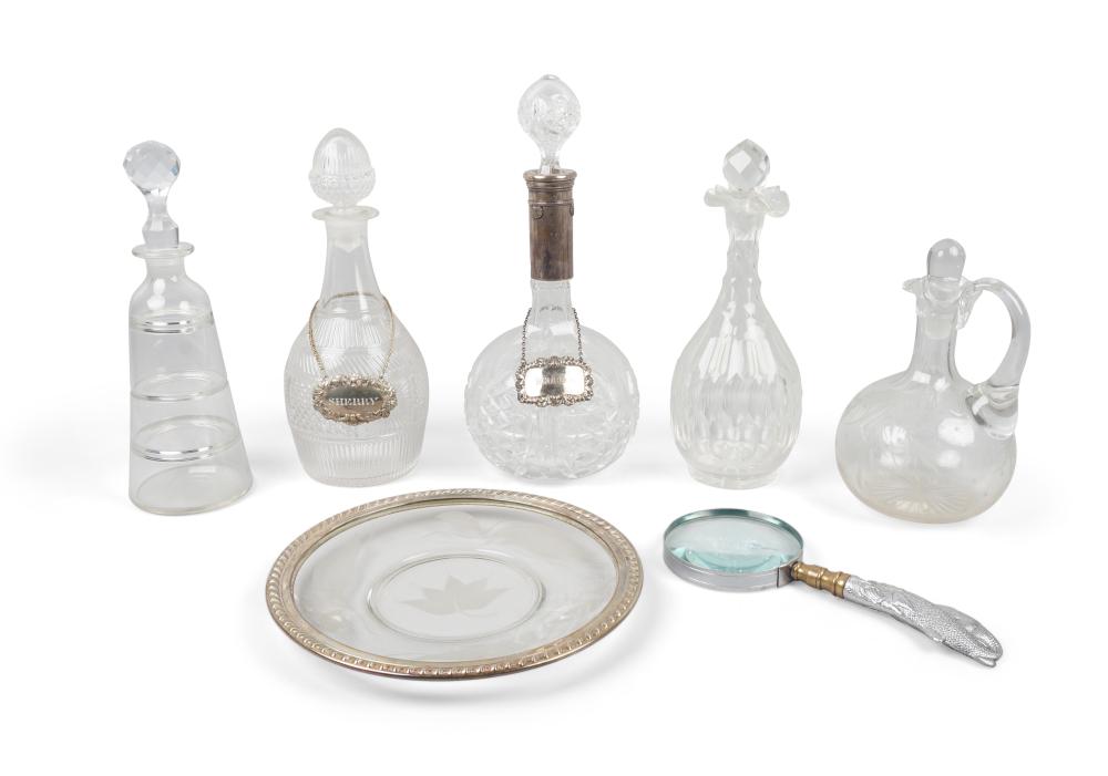 GROUP OF CUT-GLASS DECANTERS, AND