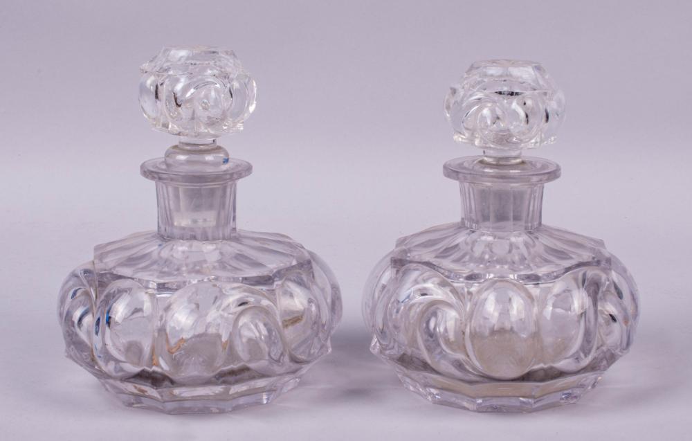 PAIR OF HEAVY GLASS DECANTERS,