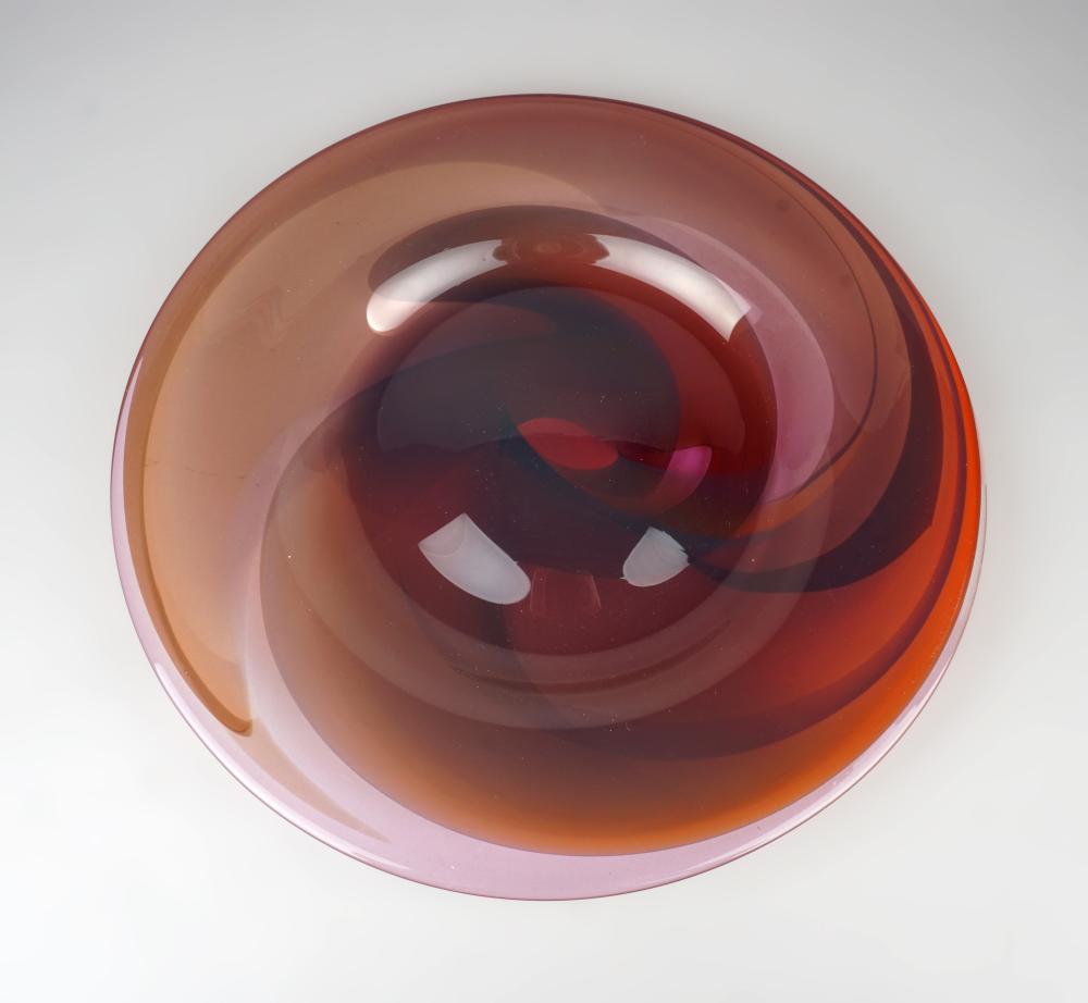 RED ART GLASS CHARGER, SIGNED AND