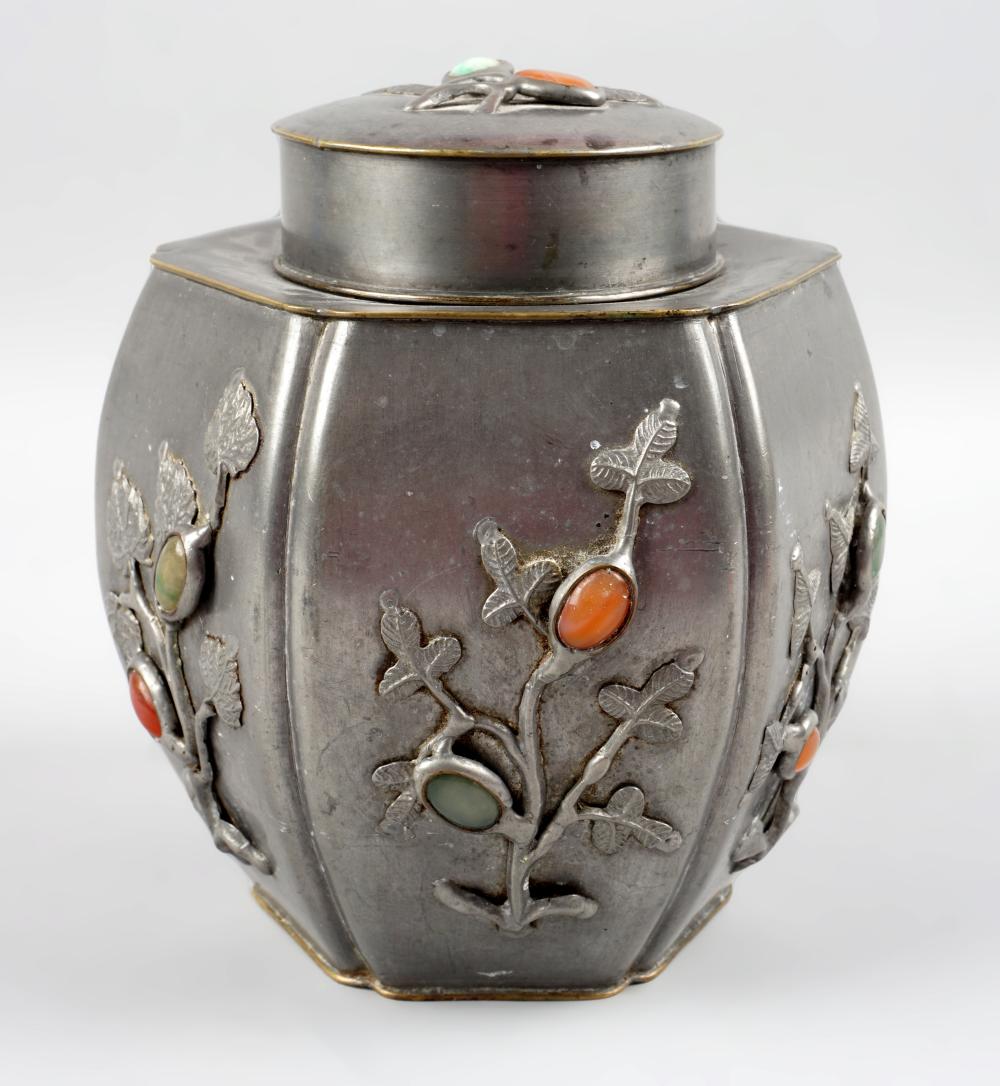 CHINESE PEWTER TEA CADDY INLAID 2ec562