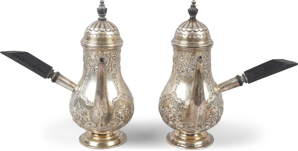 PAIR OF VICTORIAN SILVER CHOCOLATE POTS,