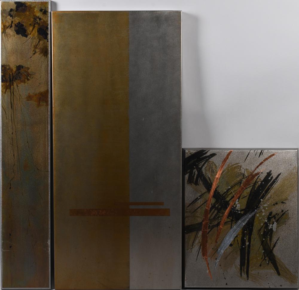 THREE PAINTED BRUSHED STEEL PANELS,