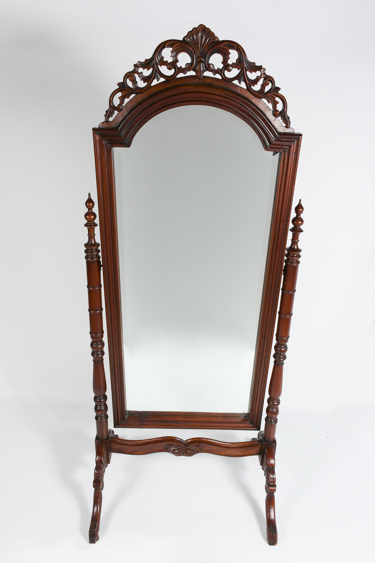 CARVED CHEVAL MIRROR: Surmounting