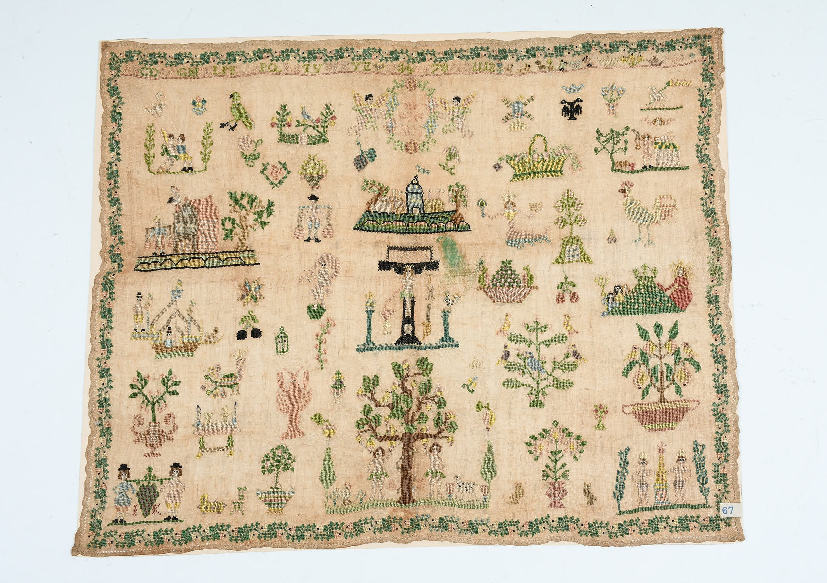 1800'S ADAM AND EVE FOLK ART SAMPLER: