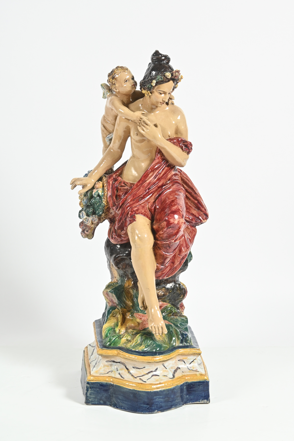 LARGE MAJOLICA MOTHER AND CHILD SCULPTURE: