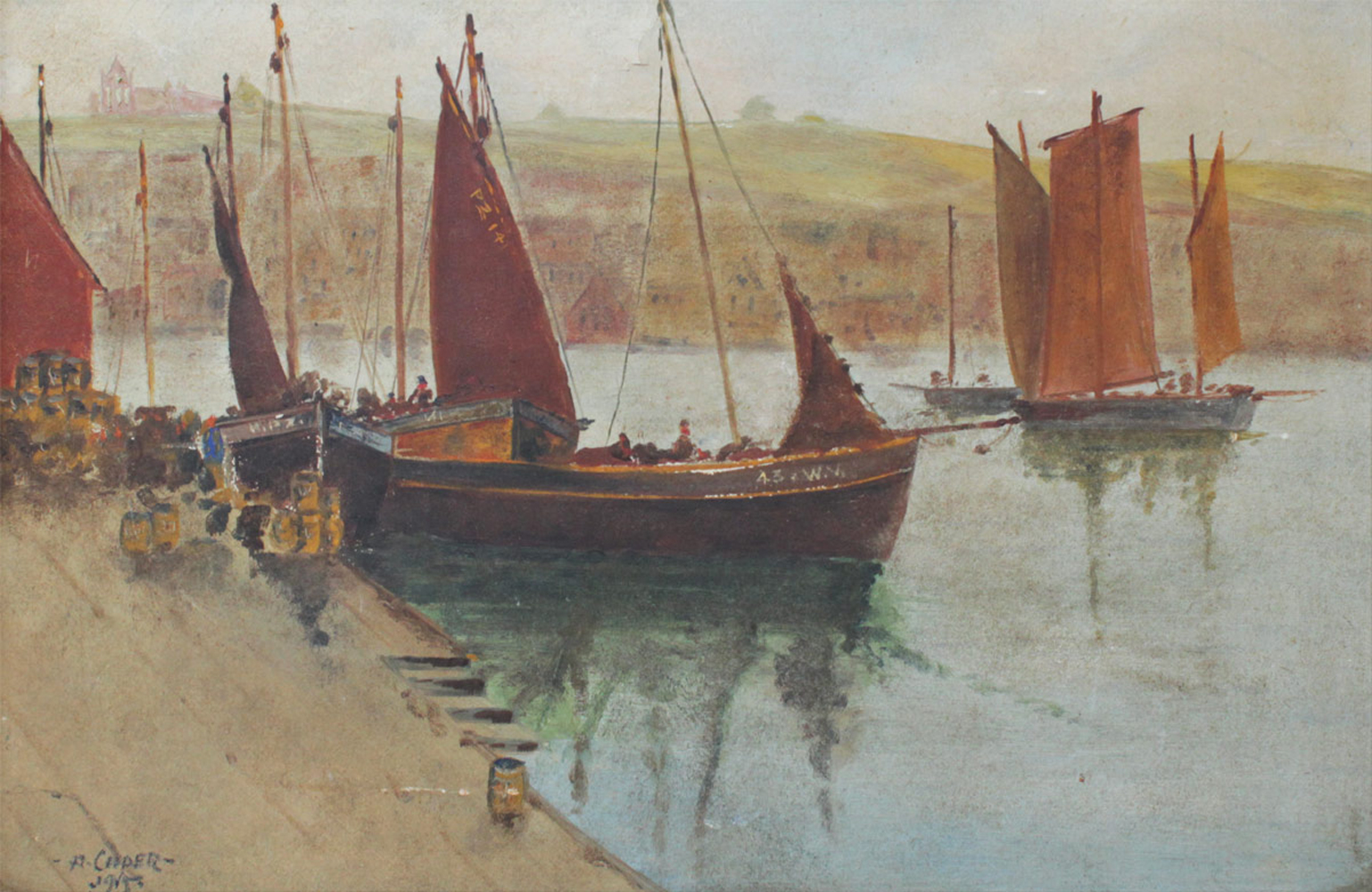 EUROPEAN DOCKSIDE PAINTING SIGNED 2ecb59