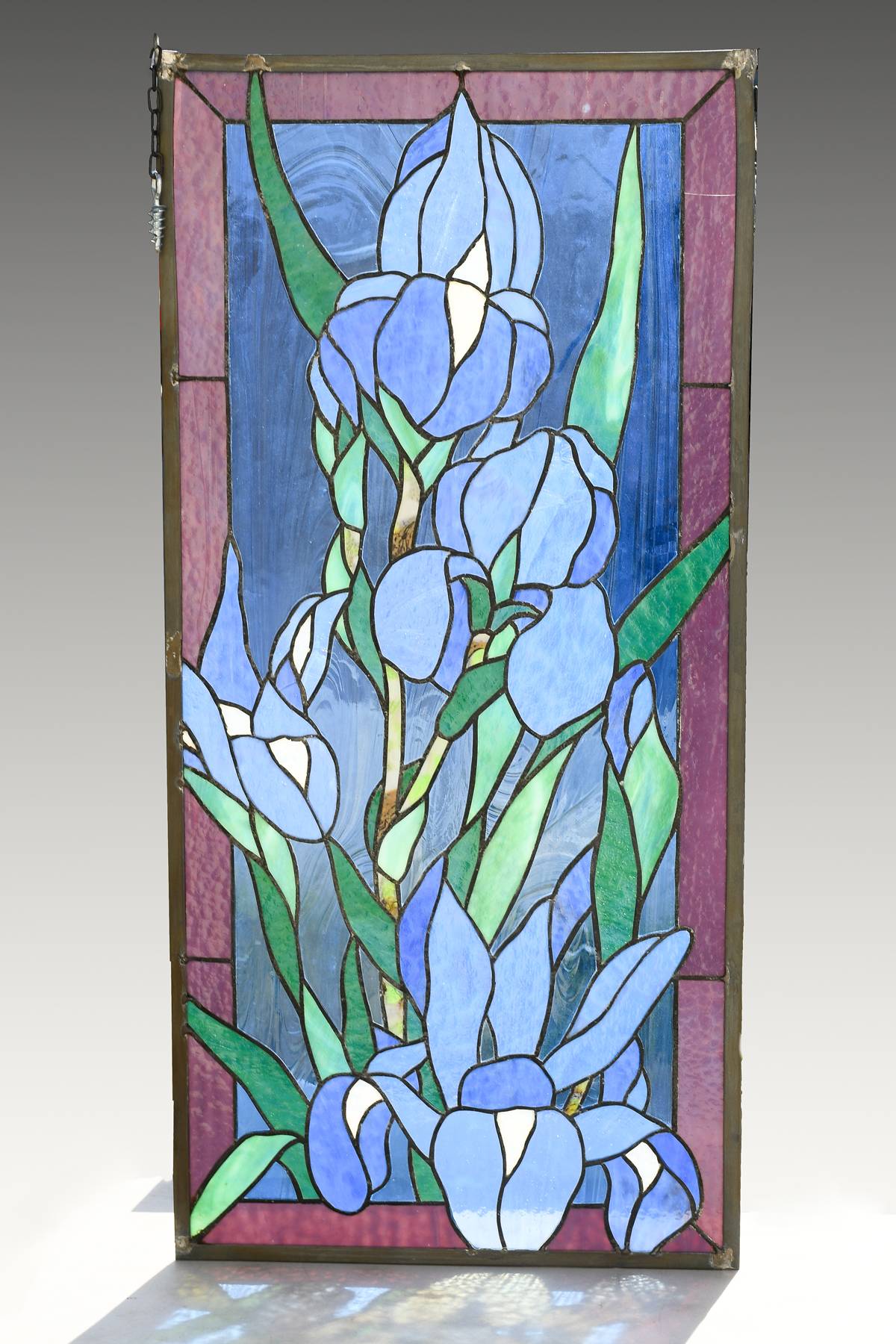 FRAMED IRIS MOTIF-STAINED GLASS PANEL: