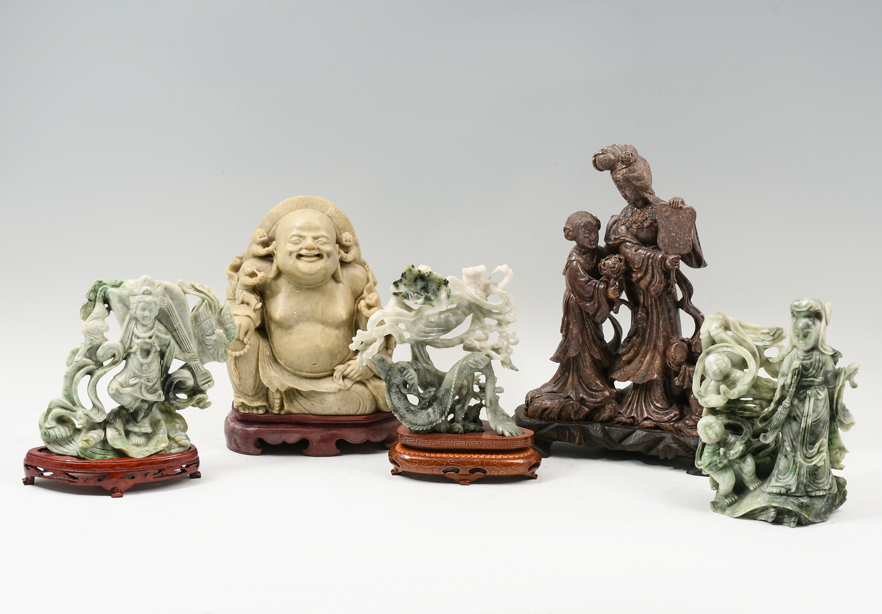 5 CHINESE FIGURAL SOAPSTONE CARVINGS: