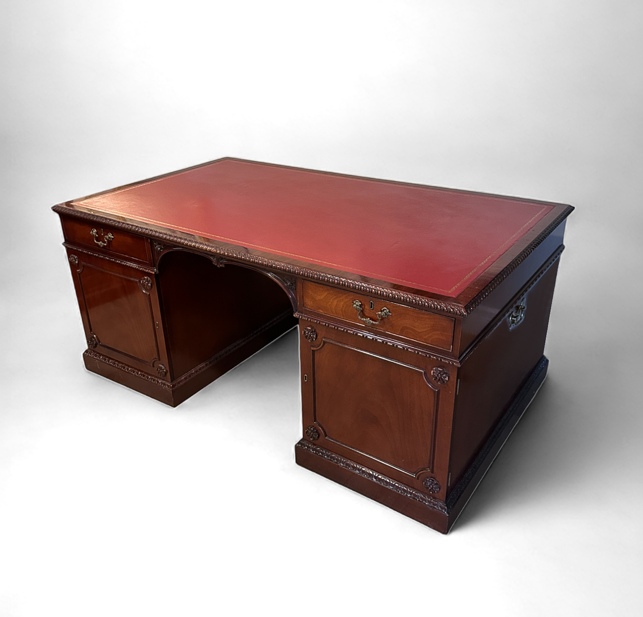 LARGE CARVED LEATHER TOP PARTNERS DESK: