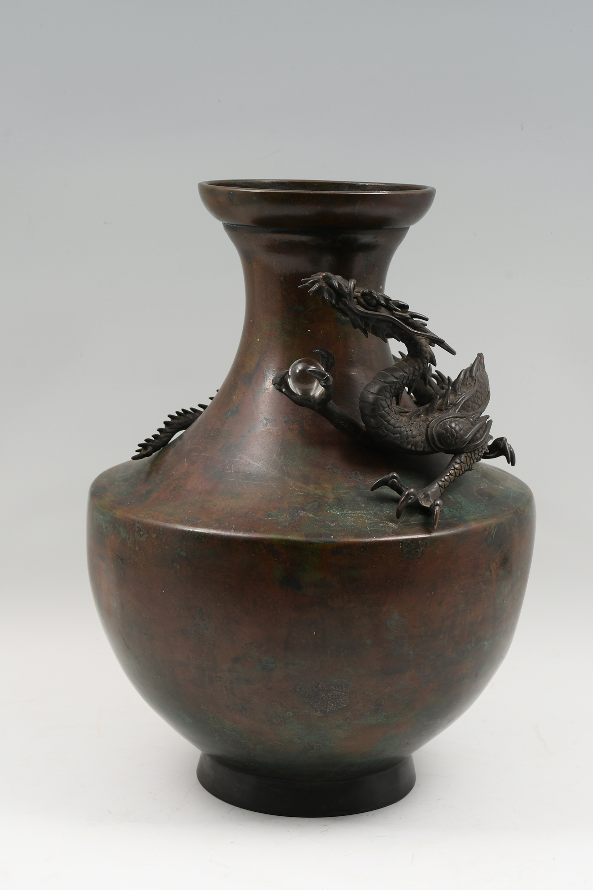 LARGE JAPANESE BRONZE DRAGON VASE: Patinated