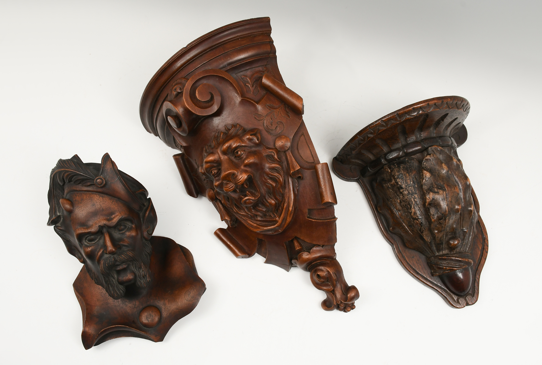 3 PC. CARVED 2 WALL SHELVES & DEVIL'S