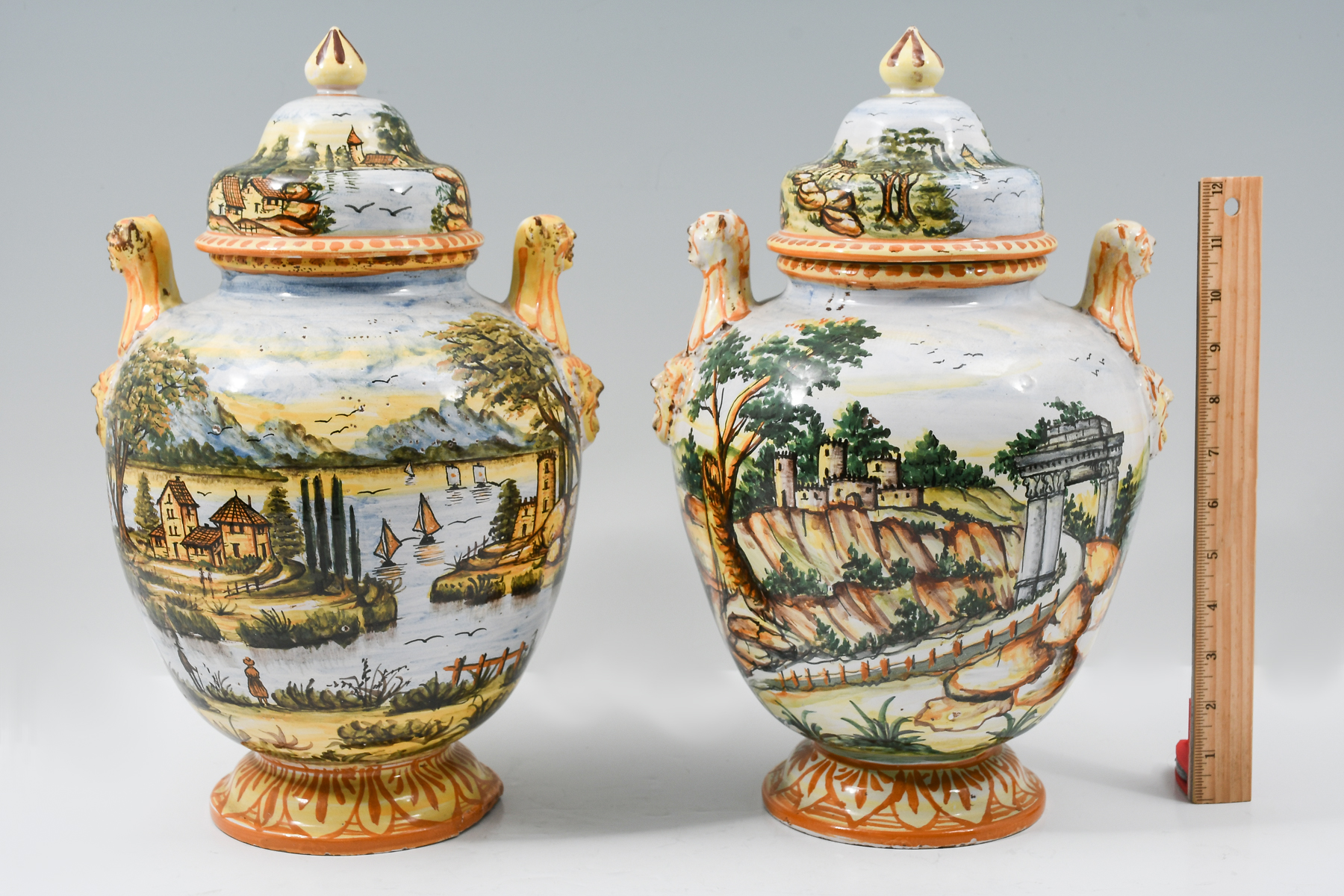 PR OF ITALIAN MAJOLICA LIDDED JARS: