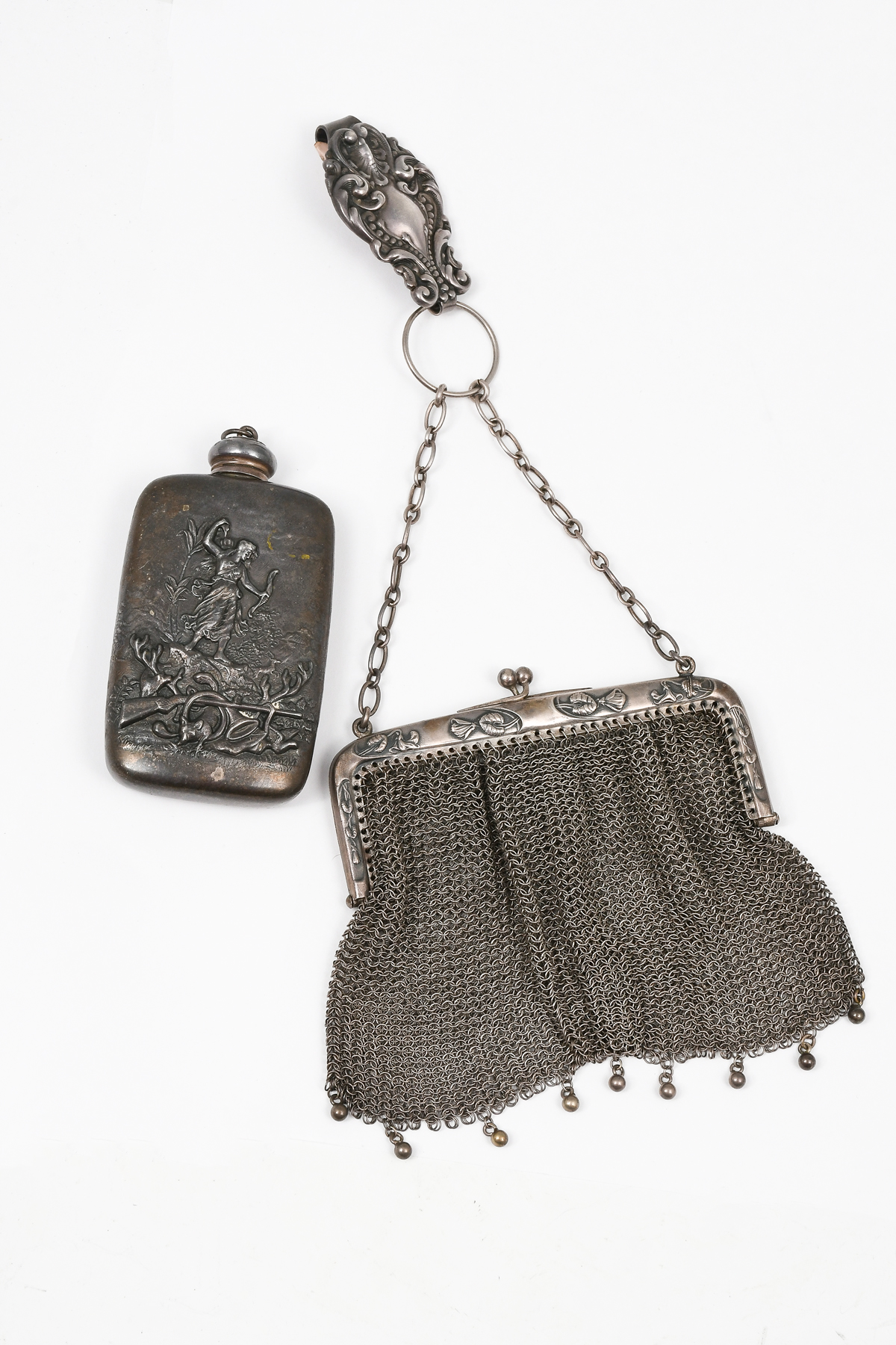 STERLING MESH PURSE AND FLASK: