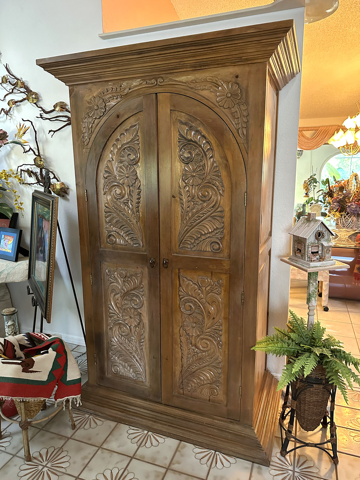 RICHLY CARVED MEXICAN PINE ARMOIRE: