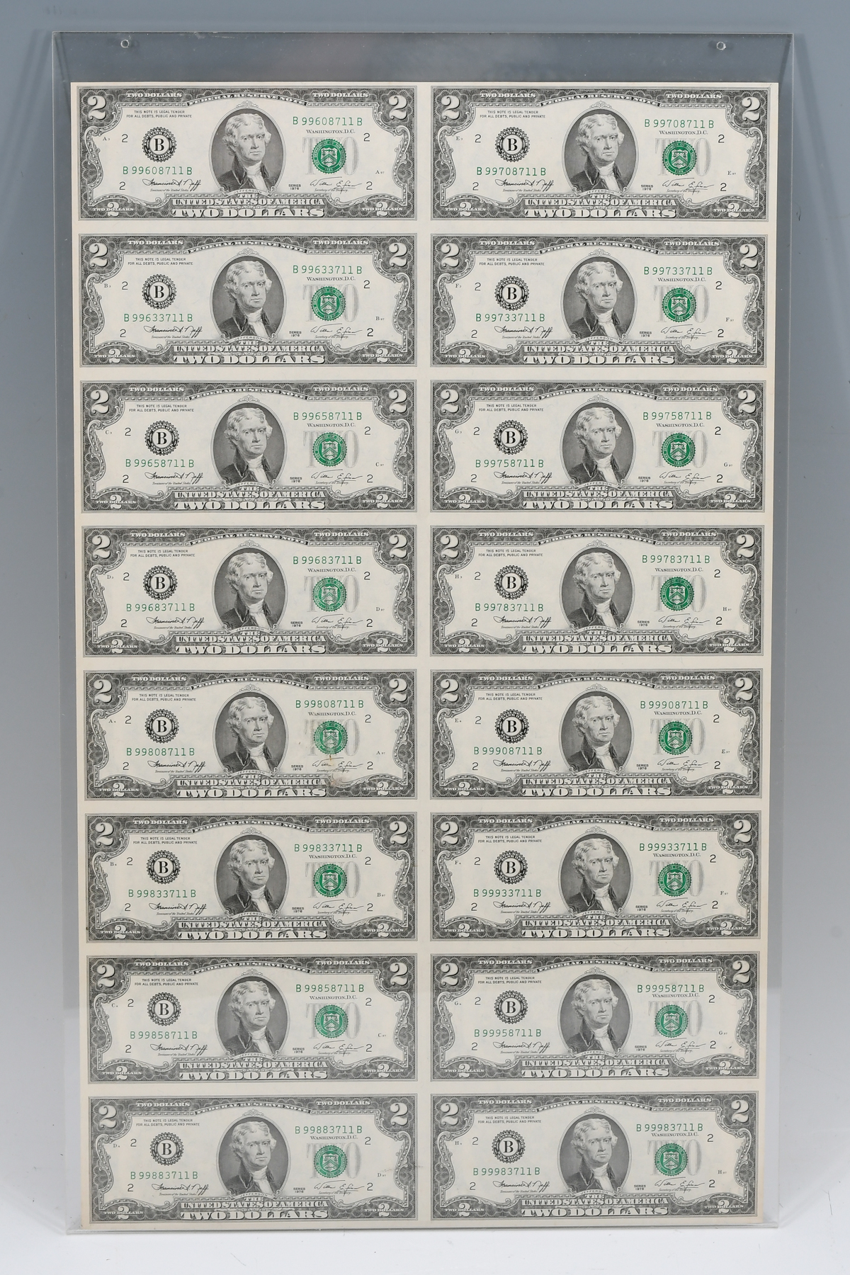 UNCUT SHEET OF $2 BILLS: A sheet of