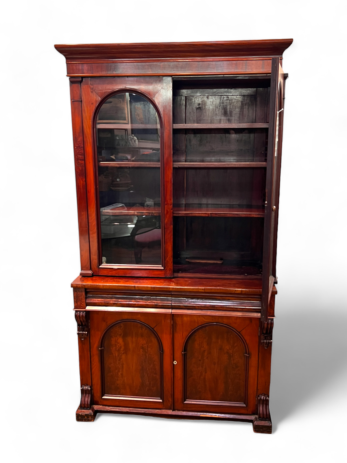 19TH-C. FLAME MAHOGANY CHINA CABINET