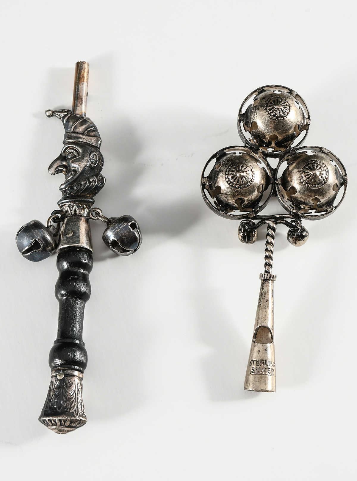 2 PC. VICTORIAN SILVER BABY RATTLES: