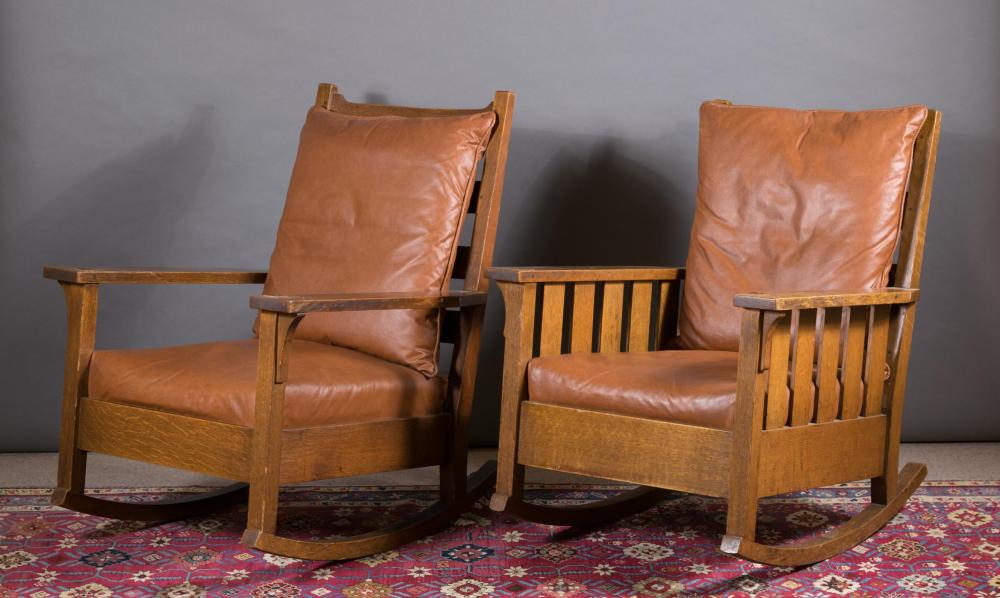 TWO GUSTAV STICKLEY OAK ROCKERSTWO