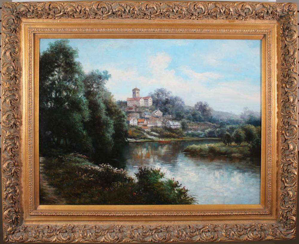 EUROPEAN RIVER LANDSCAPE WITH VILLAGE