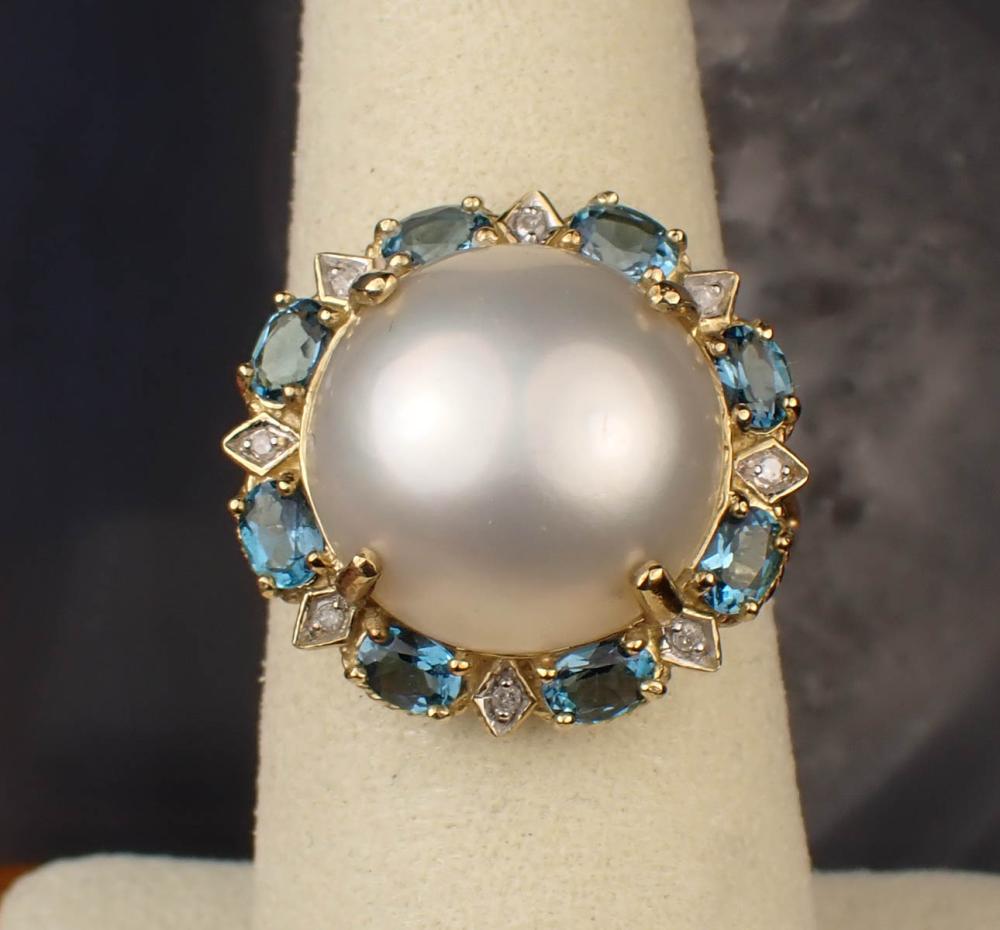 MABE PEARL, BLUE TOPAZ AND DIAMOND