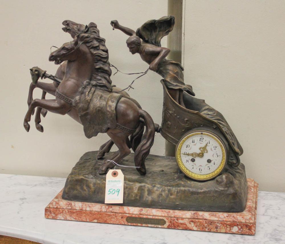 SPELTER ROMAN HORSES AND CHARIOT MANTEL