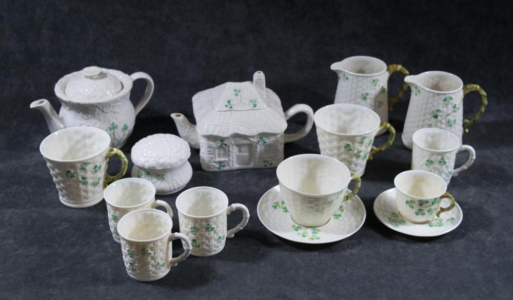 FIFTEEN BELLEEK SHAMROCK TEA WARE, INCLUDING