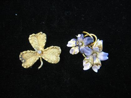 Two yellow gold and enamel pansy