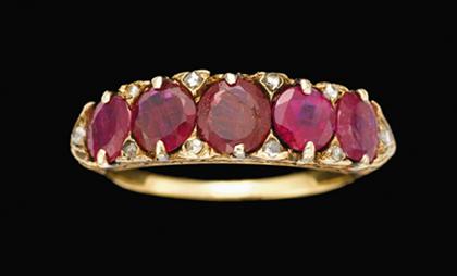 Yellow gold, ruby and diamond ring