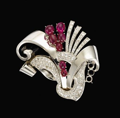 Retro white gold, diamond and ruby brooch