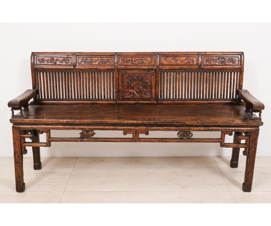 Chinese elm wood carved bench with