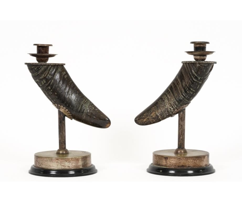Pair of silverplate and horn candlesticks.
11.25"h