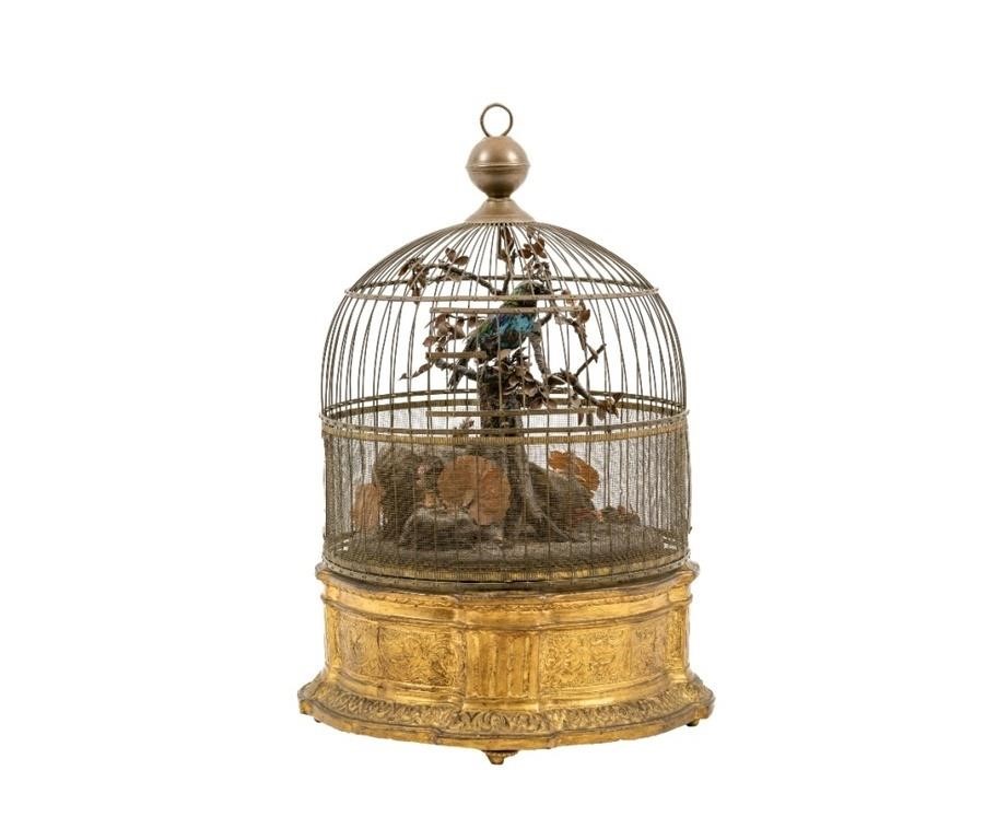 Large French wind-up caged song bird