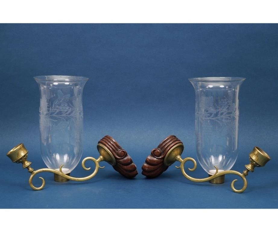 Pair of brass and glass hurricane