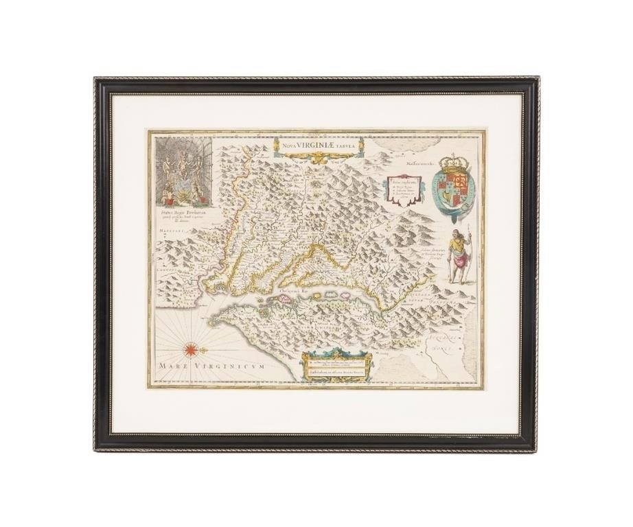 Hand colored map of Virginia 1653, framed