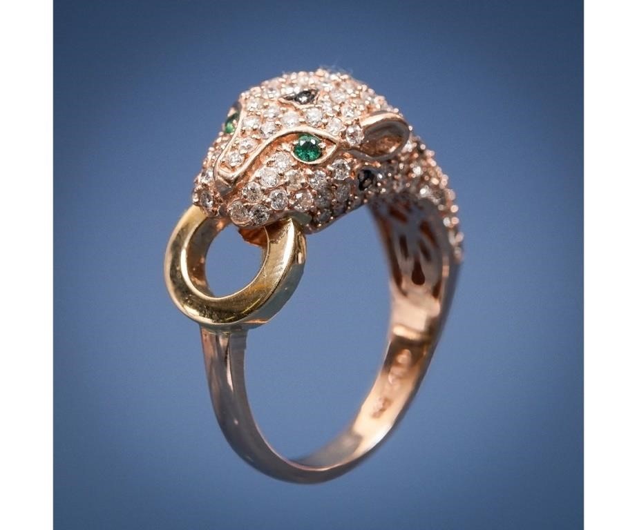 14k yellow gold leopard ring with pave