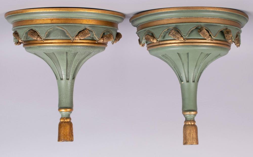 PAIR OF GREEN AND GOLD WALL BRACKETS,