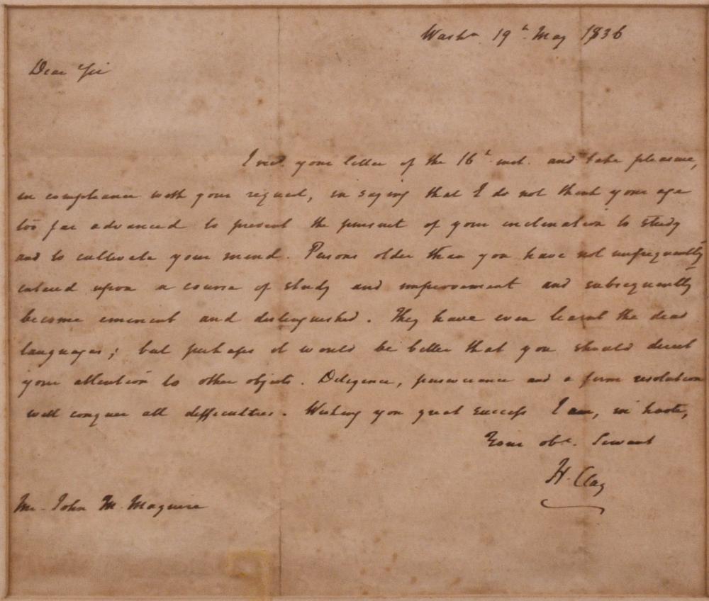 HENRY CLAY. AUTOGRAPHED LETTER