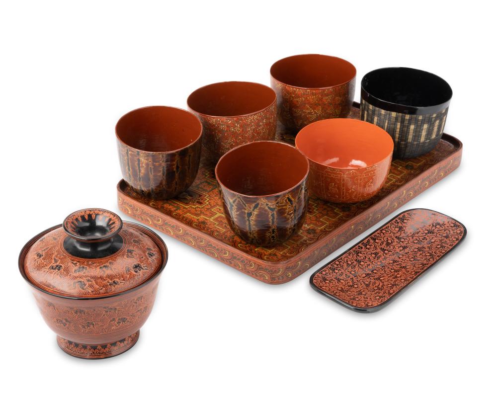 A GROUP OF BURMESE ETCHED LACQUERWAREA 2ee848