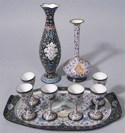 Persian painted enamel seven piece service,