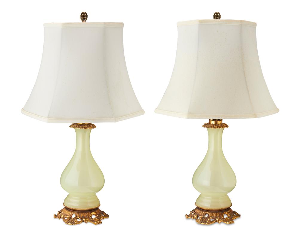 A PAIR OF OPALINE GLASS AND GILT-BRONZE