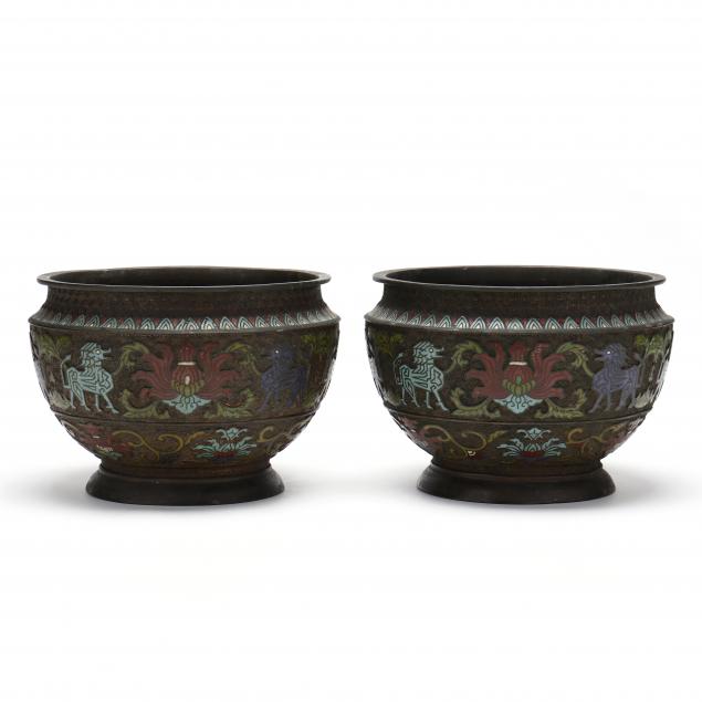 A PAIR OF ASIAN BRONZE AND CHAMPLEVE