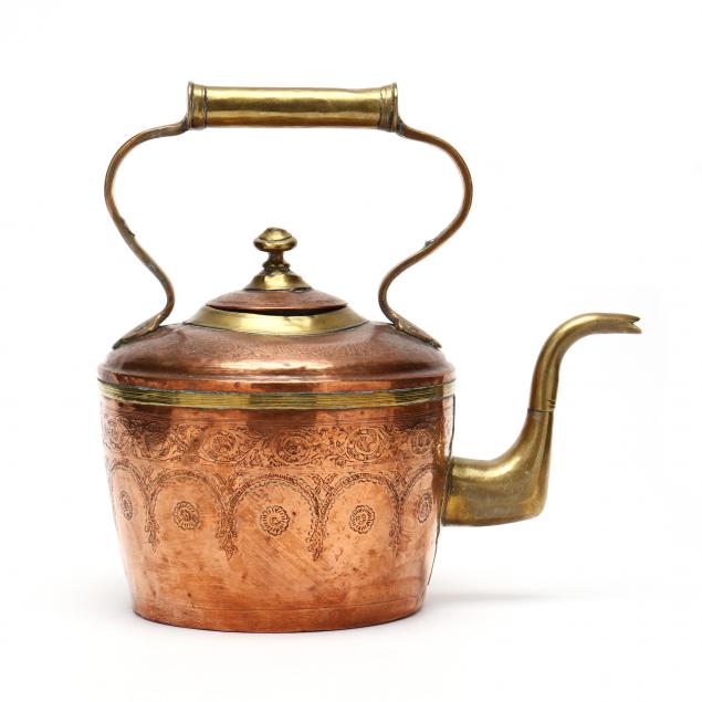 LARGE ANTIQUE COPPER AND BRASS KETTLE
