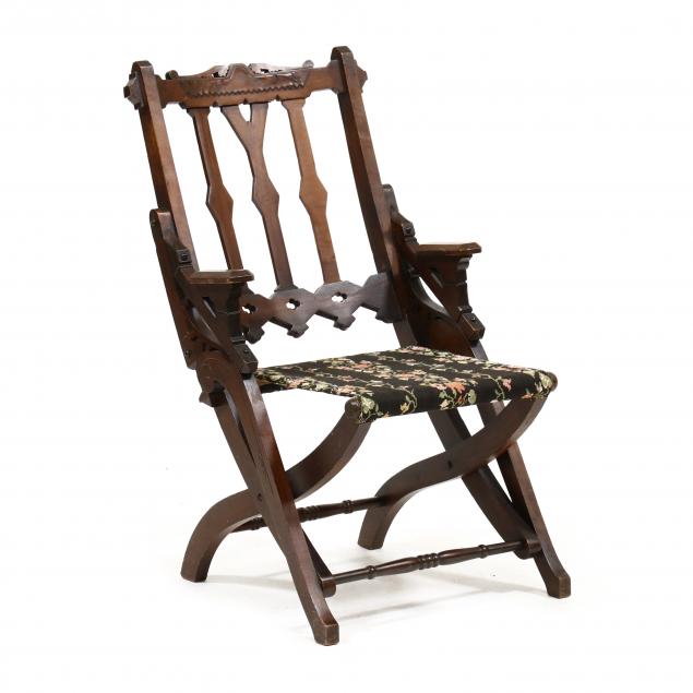 VICTORIAN CARVED WALNUT CAMPAIGN CHAIR