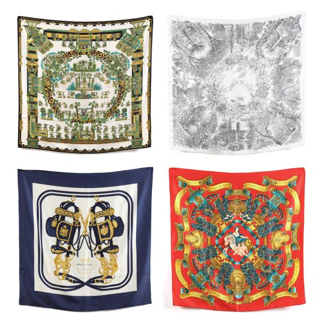 FOUR SILK SCARVES, HERMES Made in France,