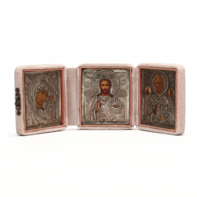 RUSSIAN SILVER OKLAD TRIPTYCH TRAVEL