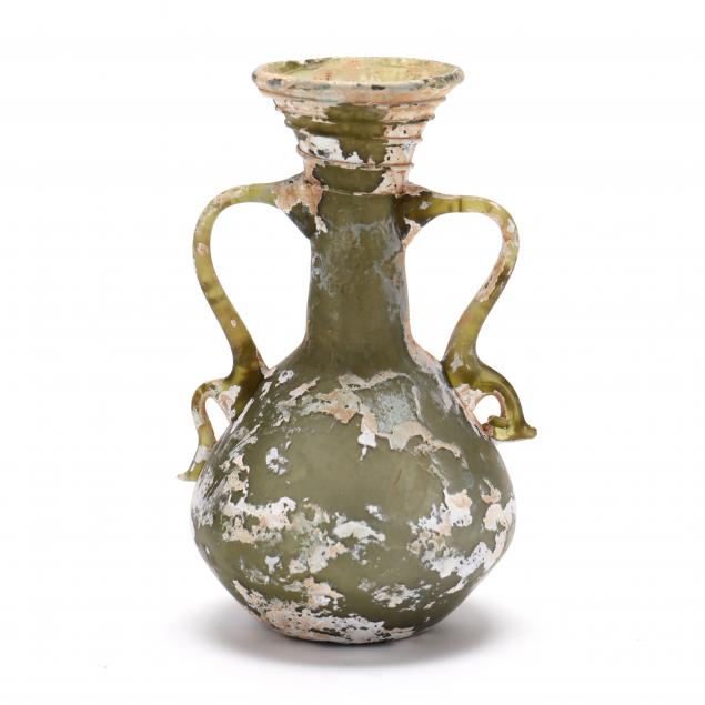 TWO-HANDLED ROMAN STYLE GREEN GLASS